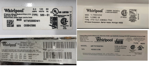 Examples of Whirlpool manufacturing origin labels: "Assembled in U.S.A" for refrigerators, "Made in Mexico" for gas ranges, and additional examples showing washer and combo units.